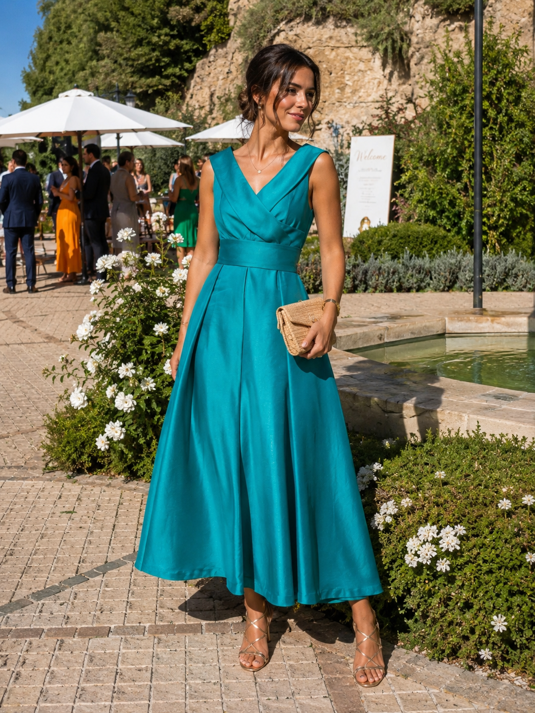 Vestido midi satinado azul turquesa