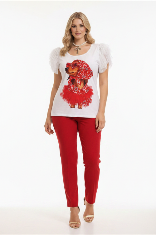 Camiseta blanca con gráfico y mangas de tul