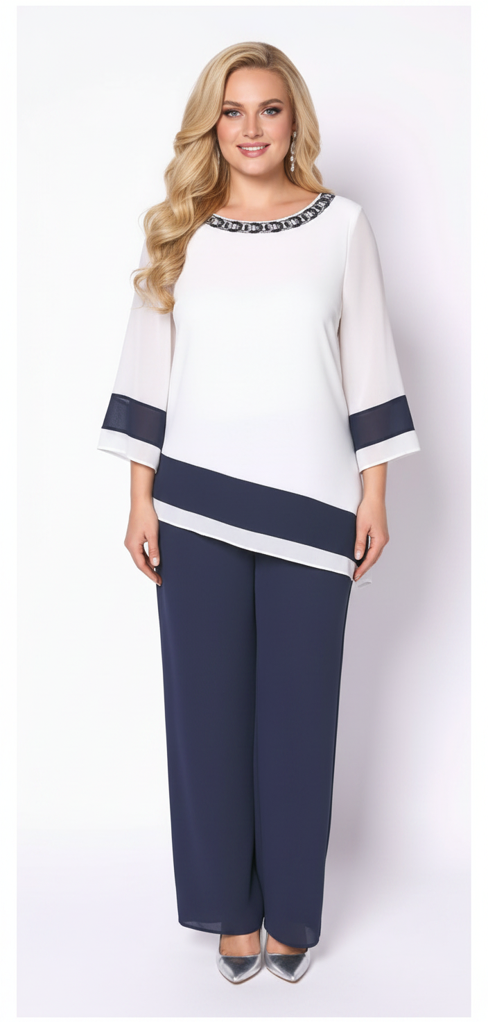 Dos piezas de pantalón y Blusa bicolore con aplicaciones en el cuello