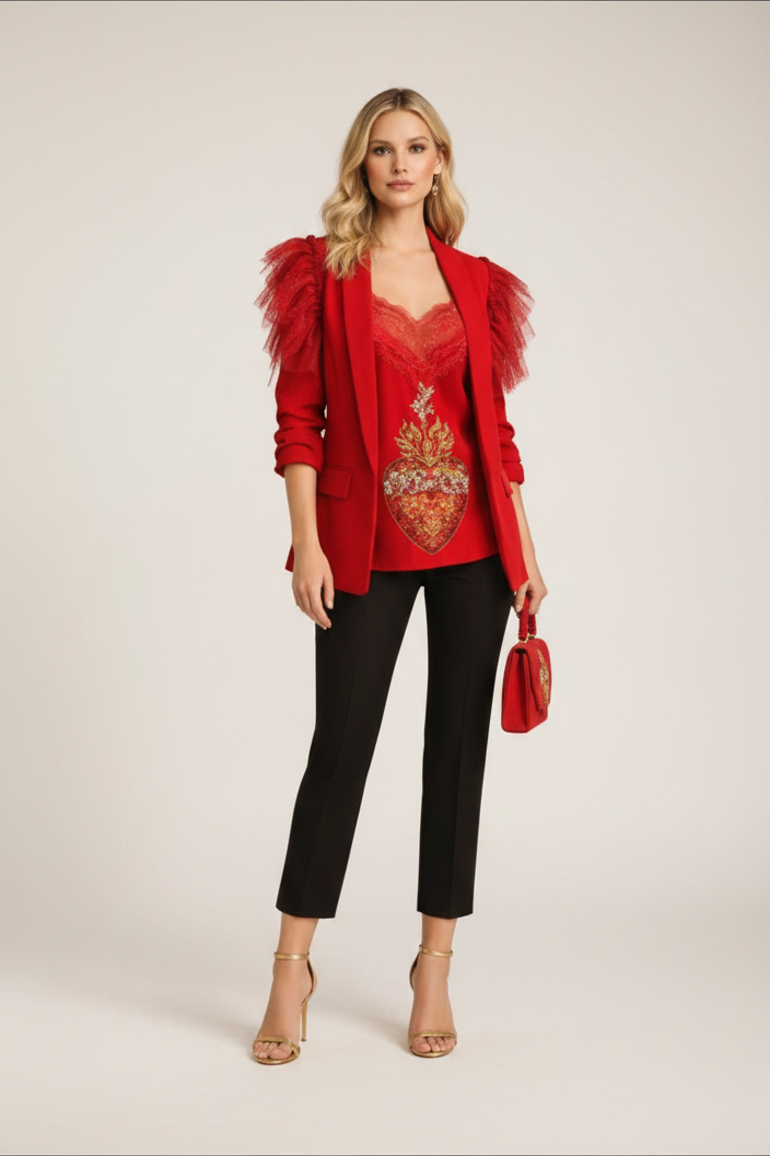 Chaqueta blazer roja con volantes en los hombros y bordado sagrado corazón