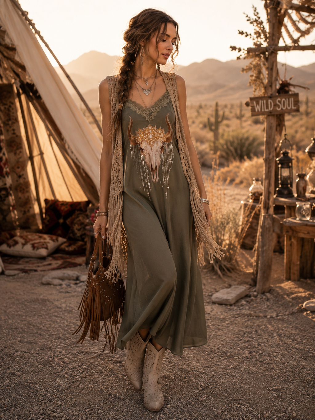 Vestido largo verde con estampado de cráneo