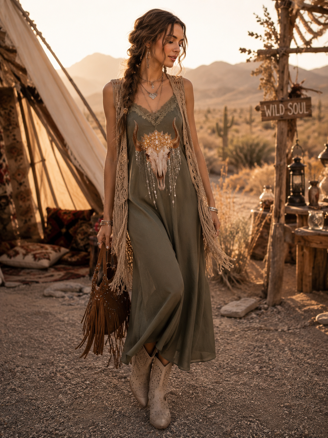 Vestido largo verde con estampado de cráneo