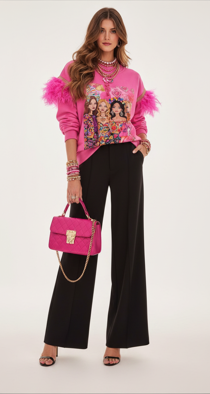 Sudadera fucsia con plumas y estampado