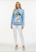 Sudadera azul con estampado gráfico y plumas