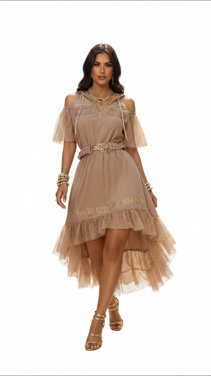 Vestido midi asimétrico con volantes y tul y cinturón incluido 