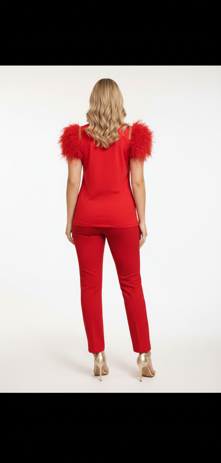 Camiseta roja con plumas y estampado frontal 2