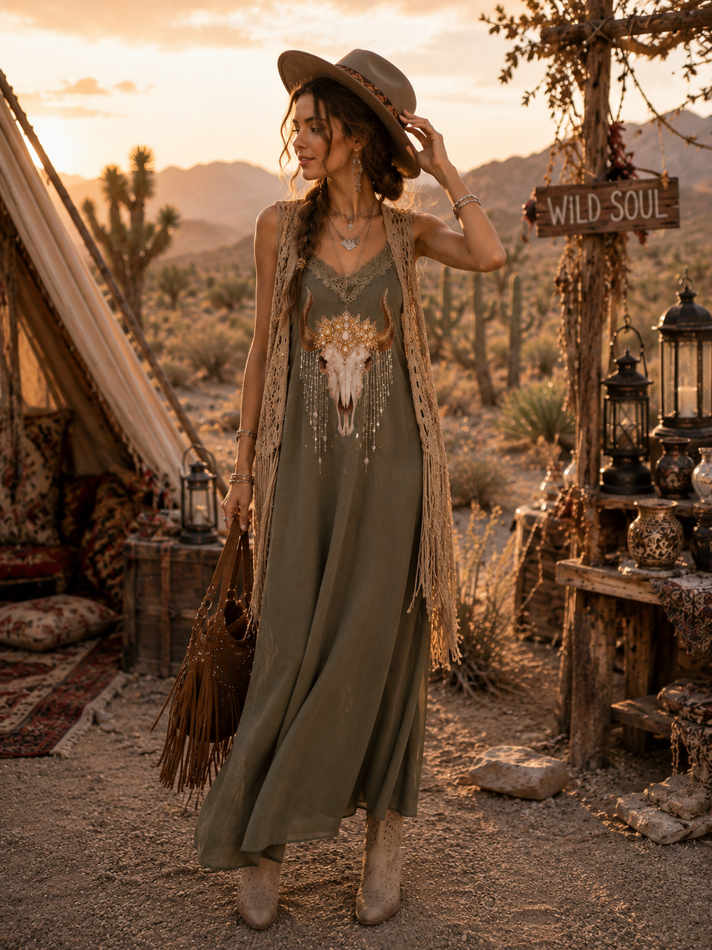 Vestido largo verde con estampado de cráneo 2