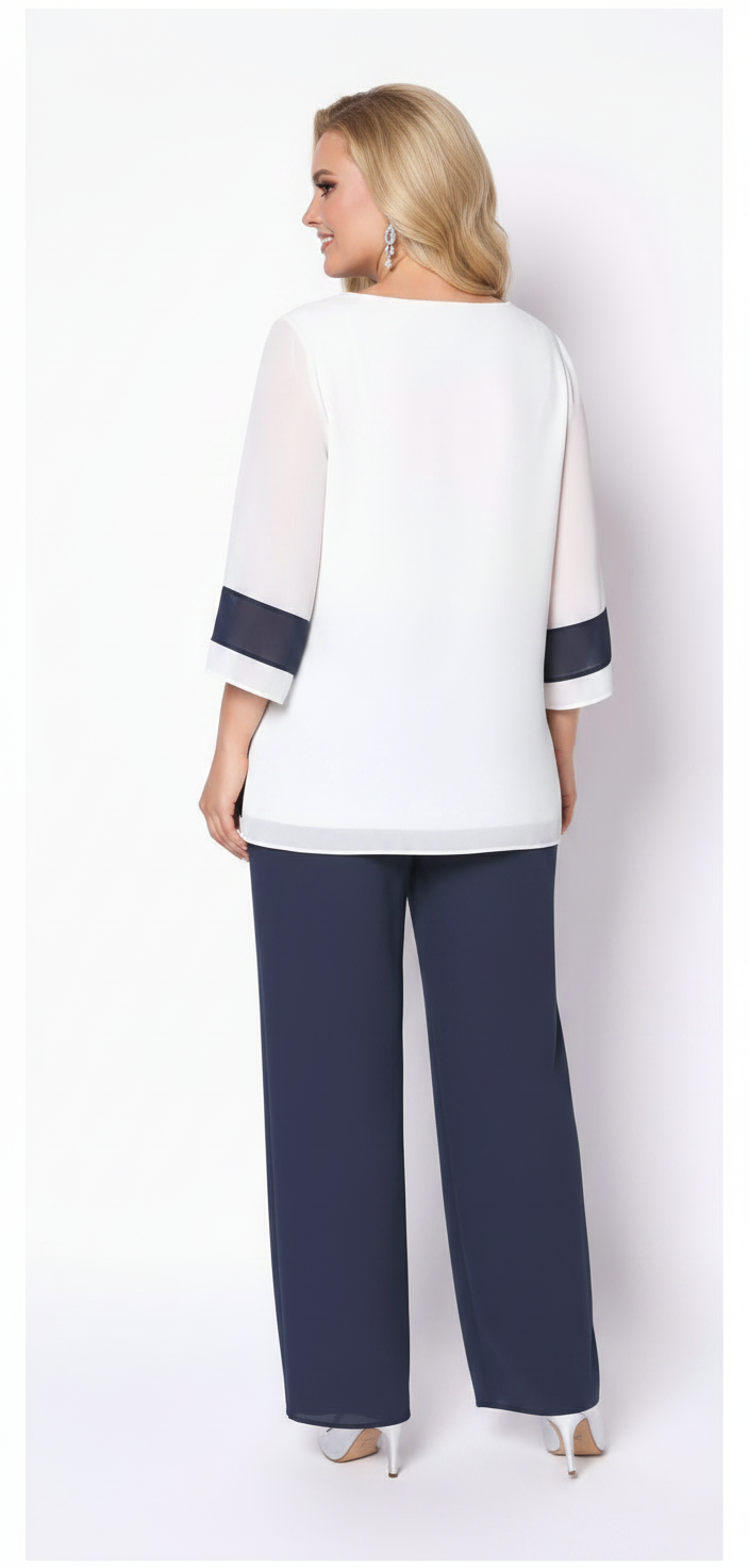 Dos piezas de pantalón y Blusa bicolore con aplicaciones en el cuello 2