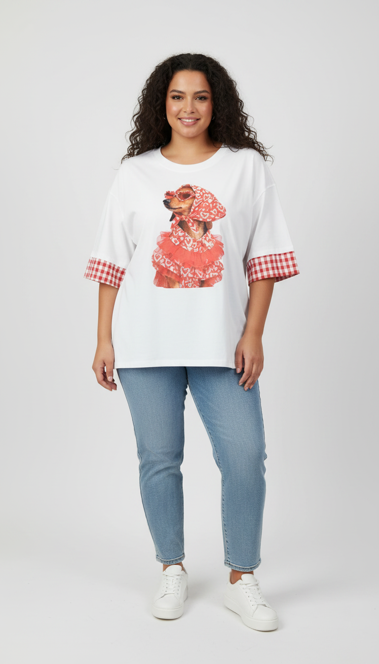Camiseta blanca con gráfico y detalles de cuadros - imagen 1