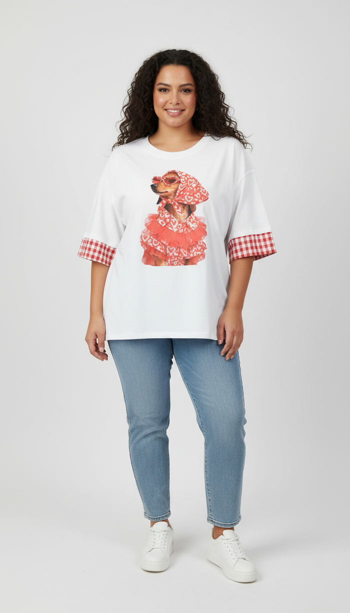 Camiseta blanca con gráfico y detalles de cuadros - imagen 1